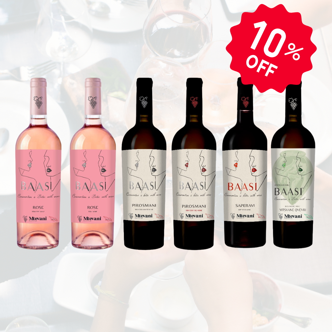 Baasi & Erisioni 6er-Probierpaket mit 6 Flaschen georgischem Wein – Rosé trocken & lieblich, Pirosmani Weiß & Rot lieblich, Saperavi trocken, Mtsvane Qvevri trocken