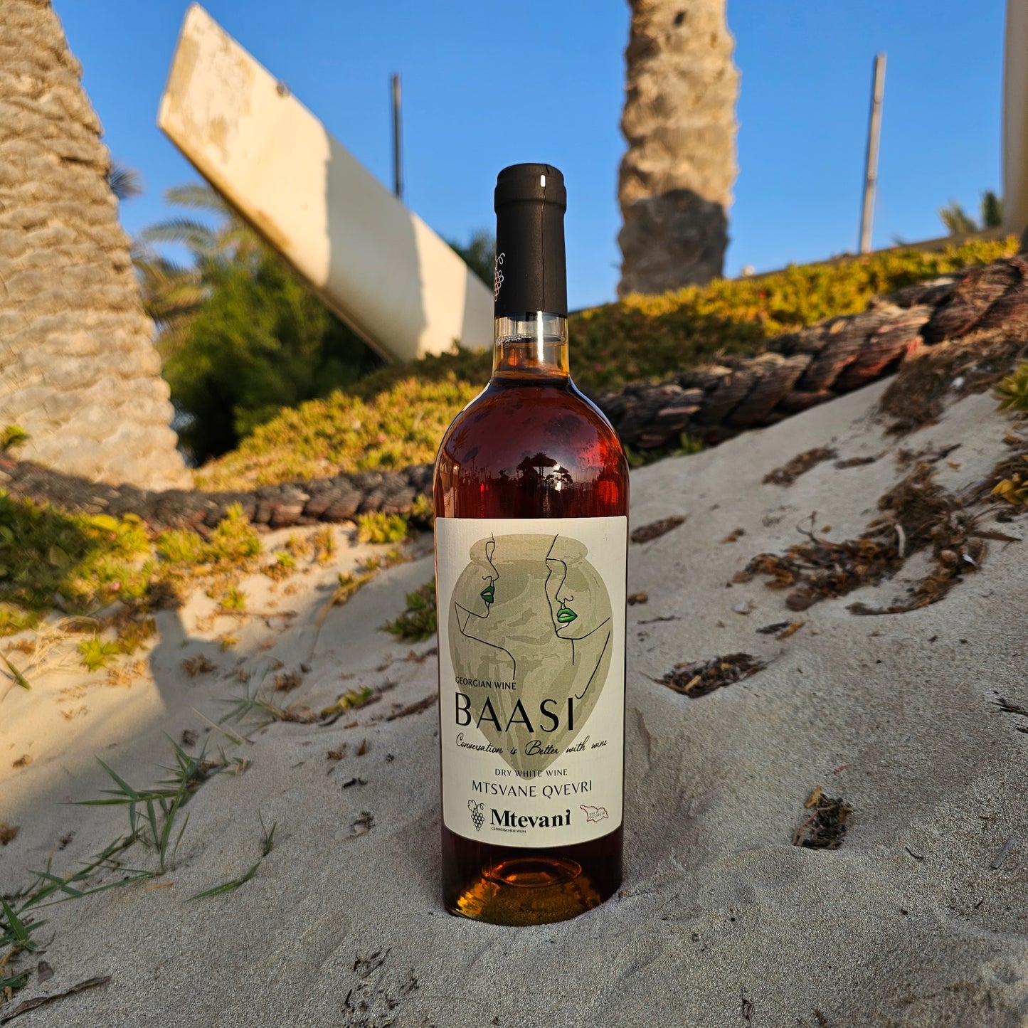 Baasi Mtsvane Qvevri 2023 im Glas – naturbelassener Orange-Wein mit intensiven Aromen von getrockneten Aprikosen, Pfirsichen und Melone, perfekt dekantiert bei 12–14 °C