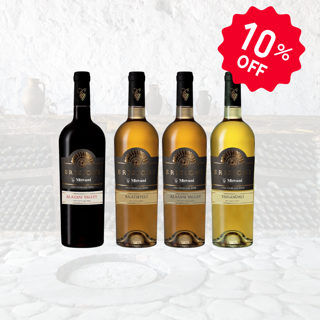 Erisioni-Probierpaket mit 4 Flaschen georgischem Wein – Alazani Valley Rot lieblich, Alazani Valley Weiß lieblich, Rkatsiteli trocken, Tsinandali trocken