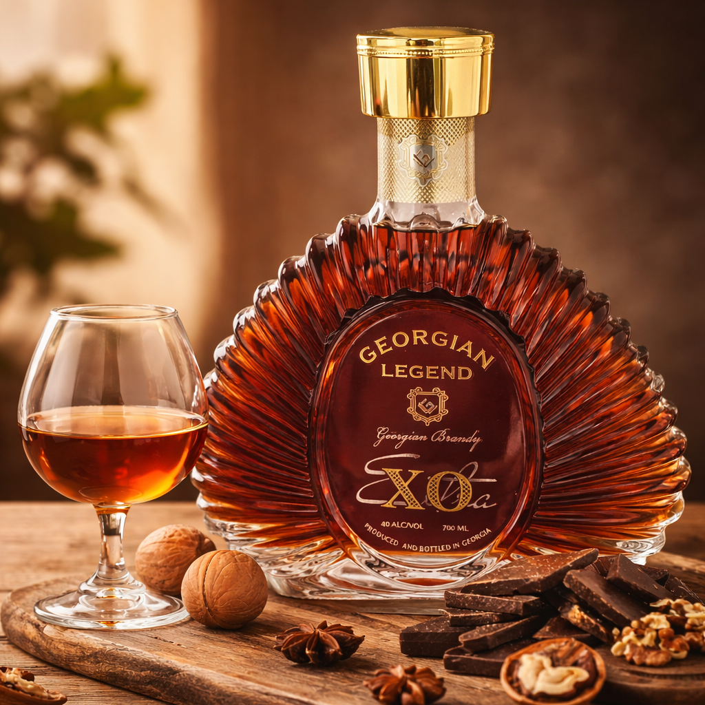 Georgian Legend XO Brandy 10 Jahre aus Georgien Premium Weinbrand mit 40% Vol, gereift in Eichenfässern, 700 ml Flasche, edles Design mit warmen Aromen von Vanille, Schokolade und floralen Noten.