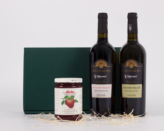 Elegantes Duo-Geschenkset mit georgischen Weinen und Konfitüre