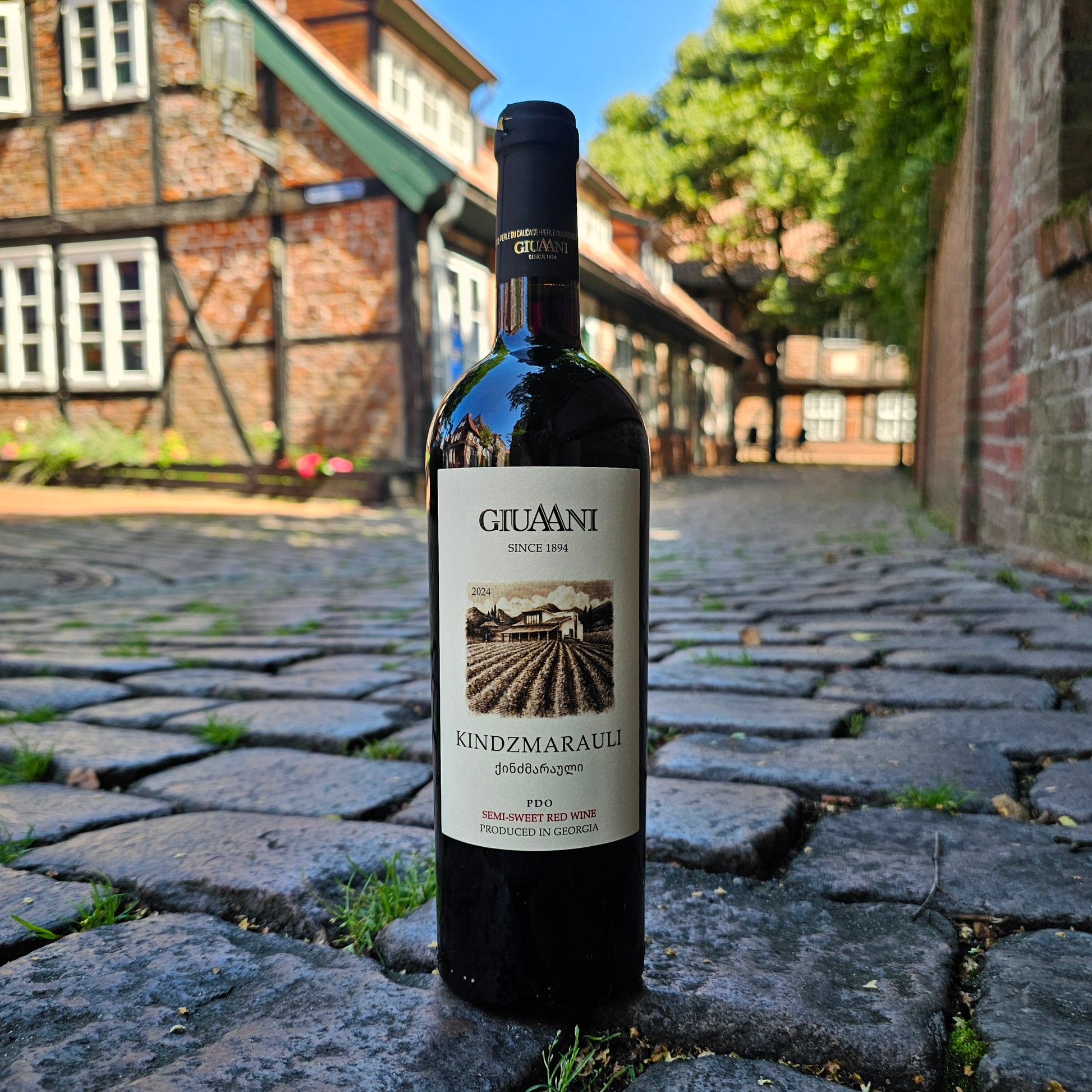 Kindzmarauli Saperavi Rotwein im Glas – dunkelrote Farbe mit violetten Reflexen, fruchtiges Bouquet