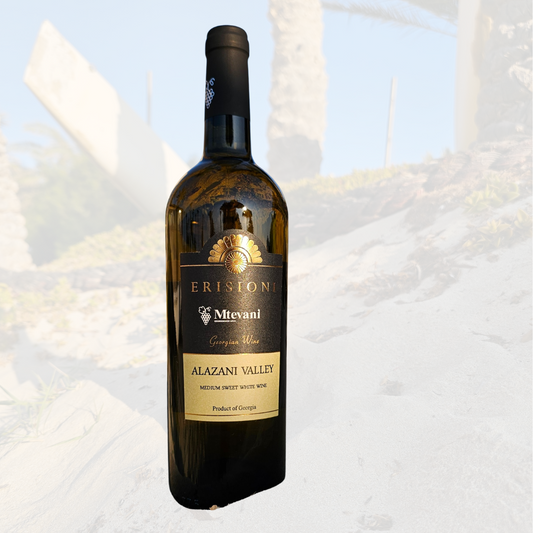 Alazani Valley 2024 – lieblicher Weißwein aus Kakheti, Georgien, Rkatsiteli und Mtsvane Trauben, helles Strohgelb, elegant und aromatisch