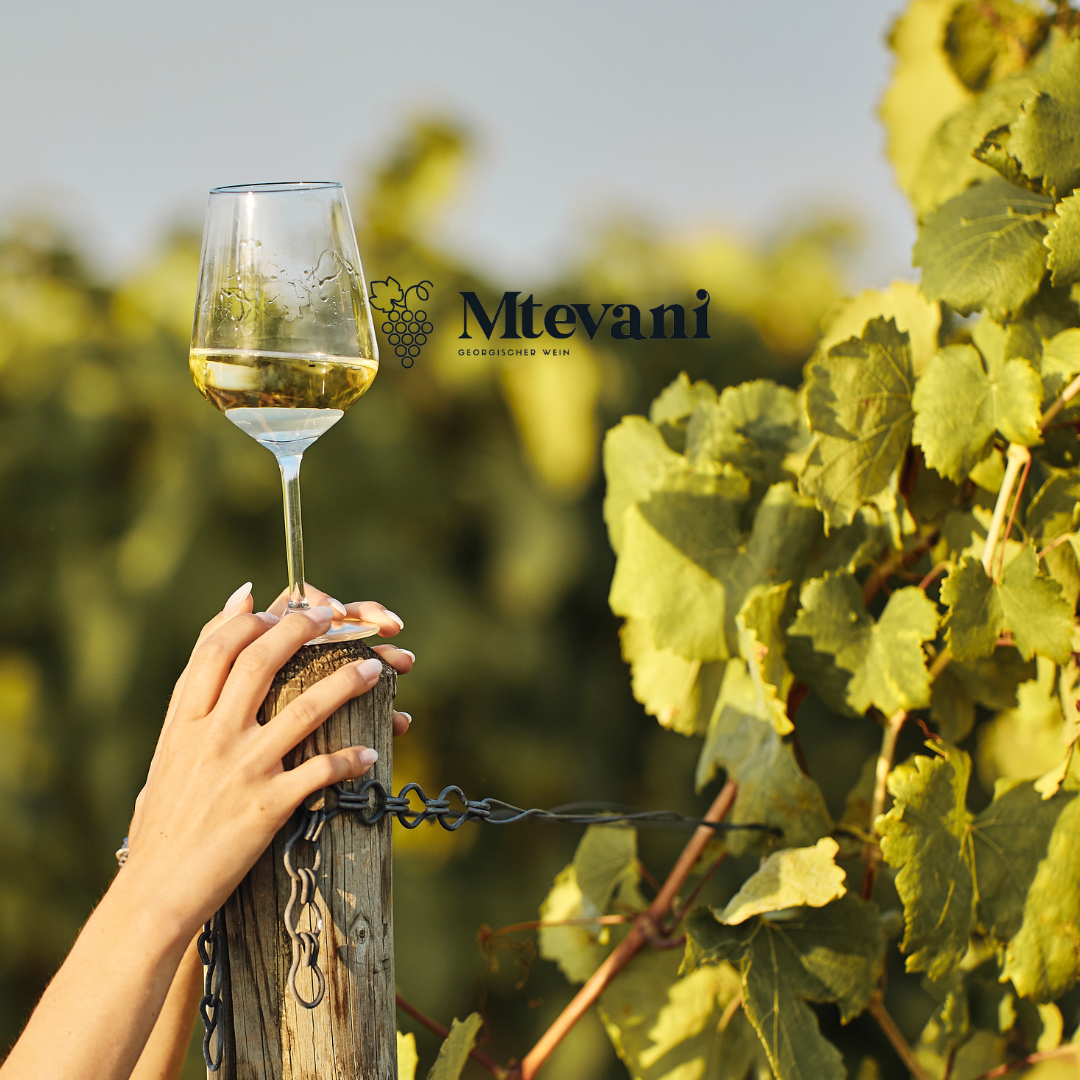 Giuaani Rkatsiteli 2024 im Glas – hellgoldener Weißwein mit Aromen von Steinobst und floralen Noten, serviert bei 6–8 °C