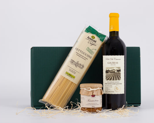 Edles Geschenkset „Kulinarische Harmonie“ mit georgischem Kisi-Weißwein, Pasta & Tomaten-Pesto in Geschenkbox