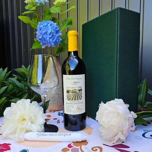 Geschenkset „Schön, dass es dich gibt“ – KISI - Mtsvane Orangewein, Glas & Kerze